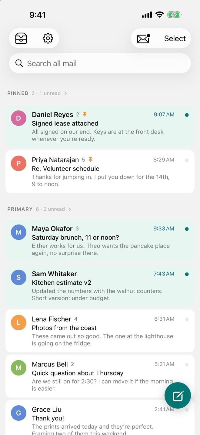 The RadMail home screen: a Pinned section with two conversations, then Primary mail with unread messages tinted and dotted.